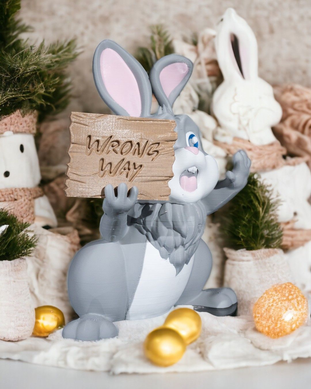 Witzige Hasenfigur Wrong Way – Der lustige Wegweiser für Ostern (22cm) - physisches 3D-Modell, Ansicht 2