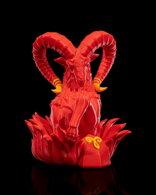 Personalisierbare Widder Skulptur mit Hörnern und Flammenbasis

