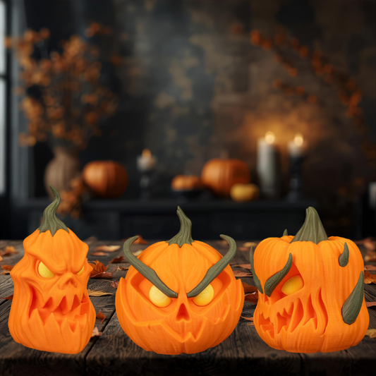 Halloween Kürbis Figuren 3er Set 🎃 Gruselige Tisch- & Partydeko für Herbst – Geschenkidee für Halloween-Fans, Freunde & Familie, je ca. 14 cm hoch