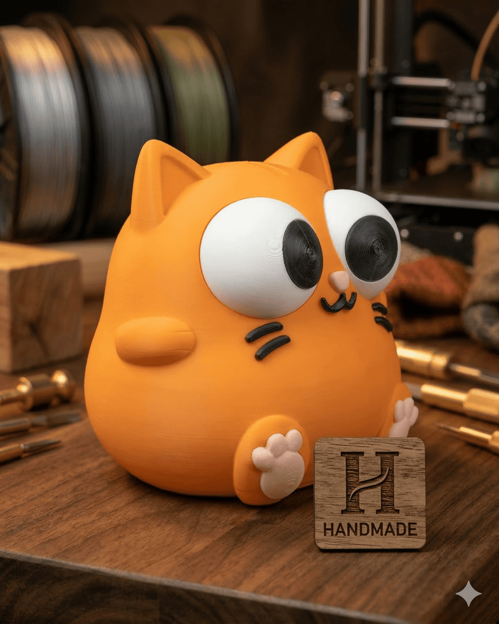 Niedliche Katzen Spardose mit großen Augen – Farbe Orange - physisches 3D-Modell, Ansicht 4