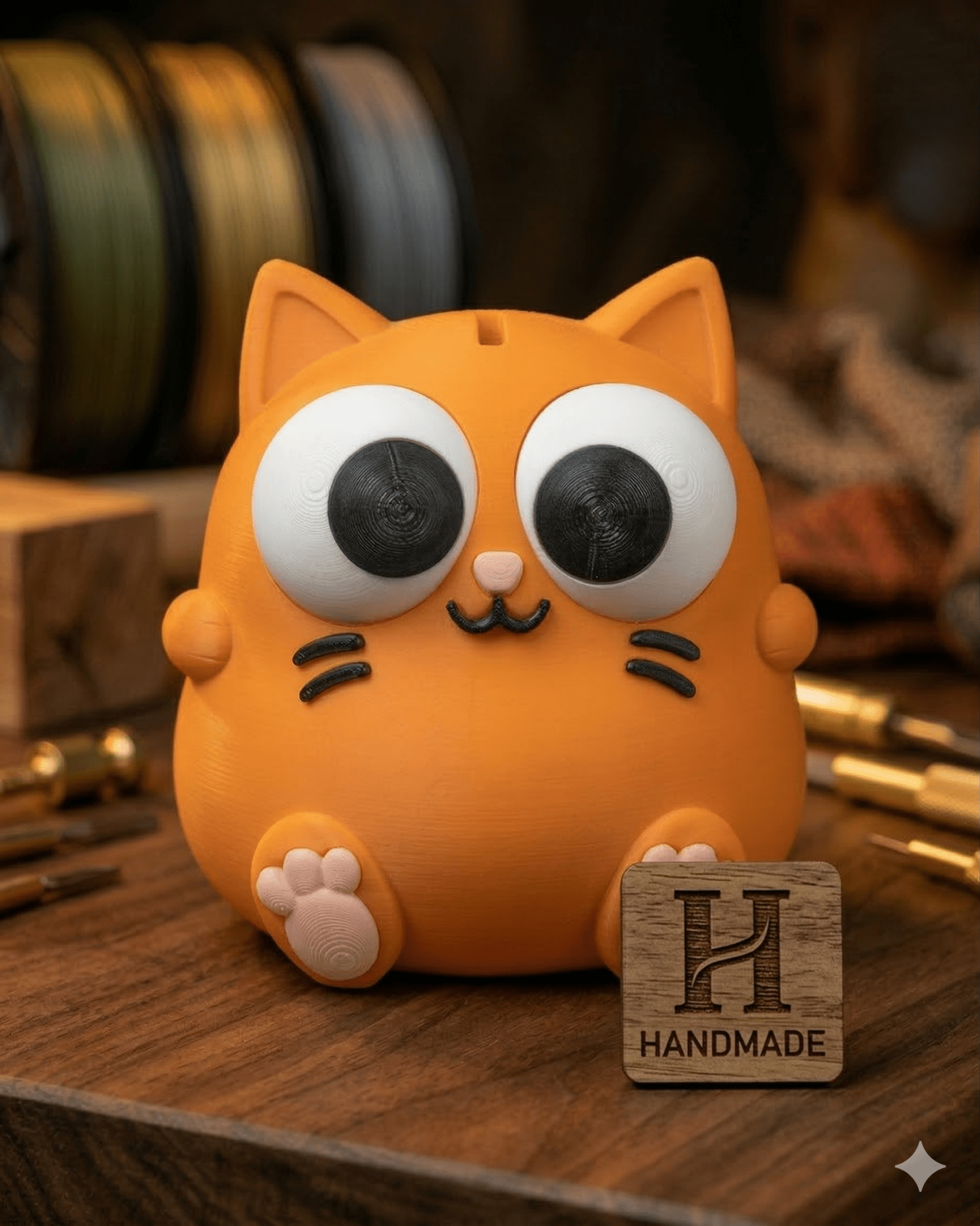 Niedliche Katzen Spardose mit großen Augen – Farbe Orange - physisches 3D-Modell, Ansicht 2