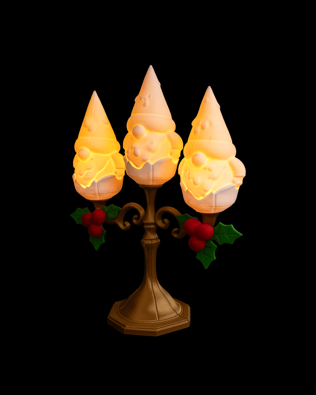LED Wichtel Kerzenständer Tischlampe Gnomedelabra 3-flammig 25 cm - physisches 3D-Modell, Ansicht 2
