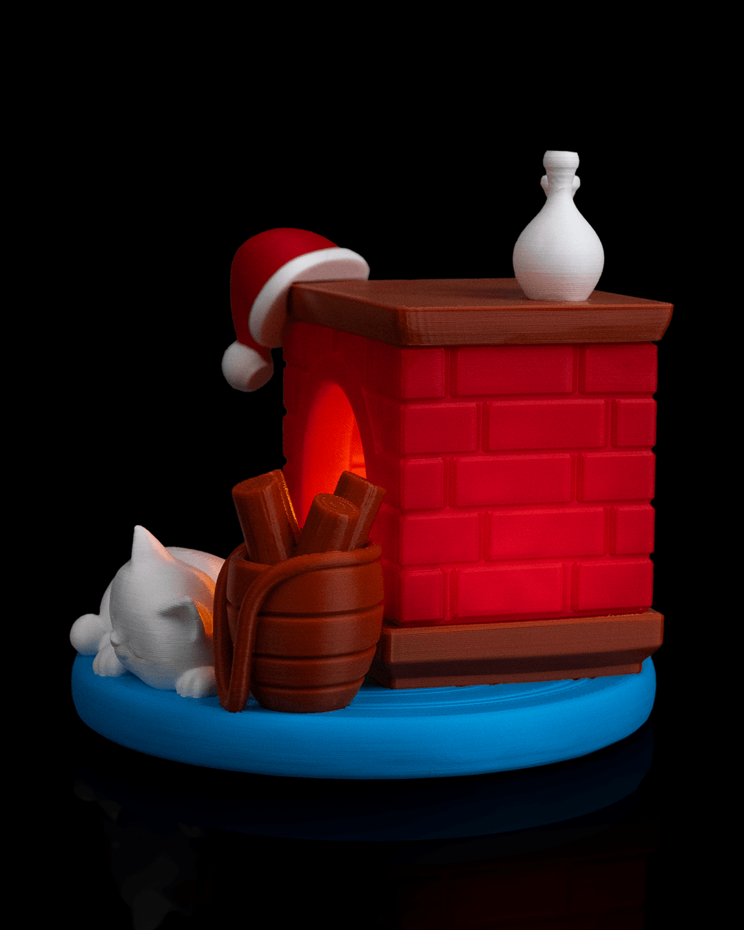 LED Kamin Nachtlicht mit schlafender Katze und Weihnachtsmütze 12 cm