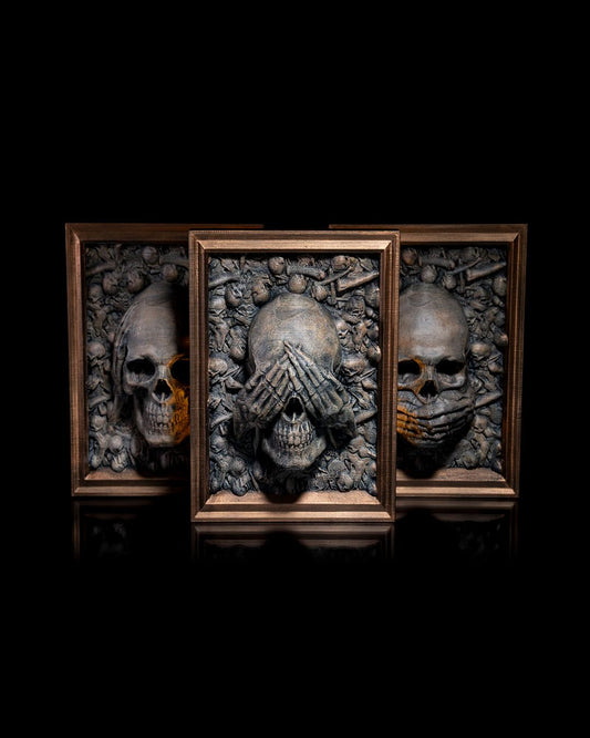 Gruselige Halloween Totenkopf Wanddeko – 3D-gedruckte Schädel Wanddeko mit „Nichts Hören, Nichts Sehen, Nichts Sagen“ Design






