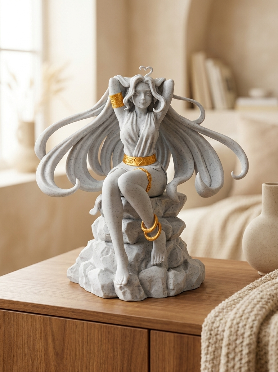 Aphrodite-Statue Frontalansicht auf Felssockel sitzend, auf Holzkommode mit Vase im Hintergrund