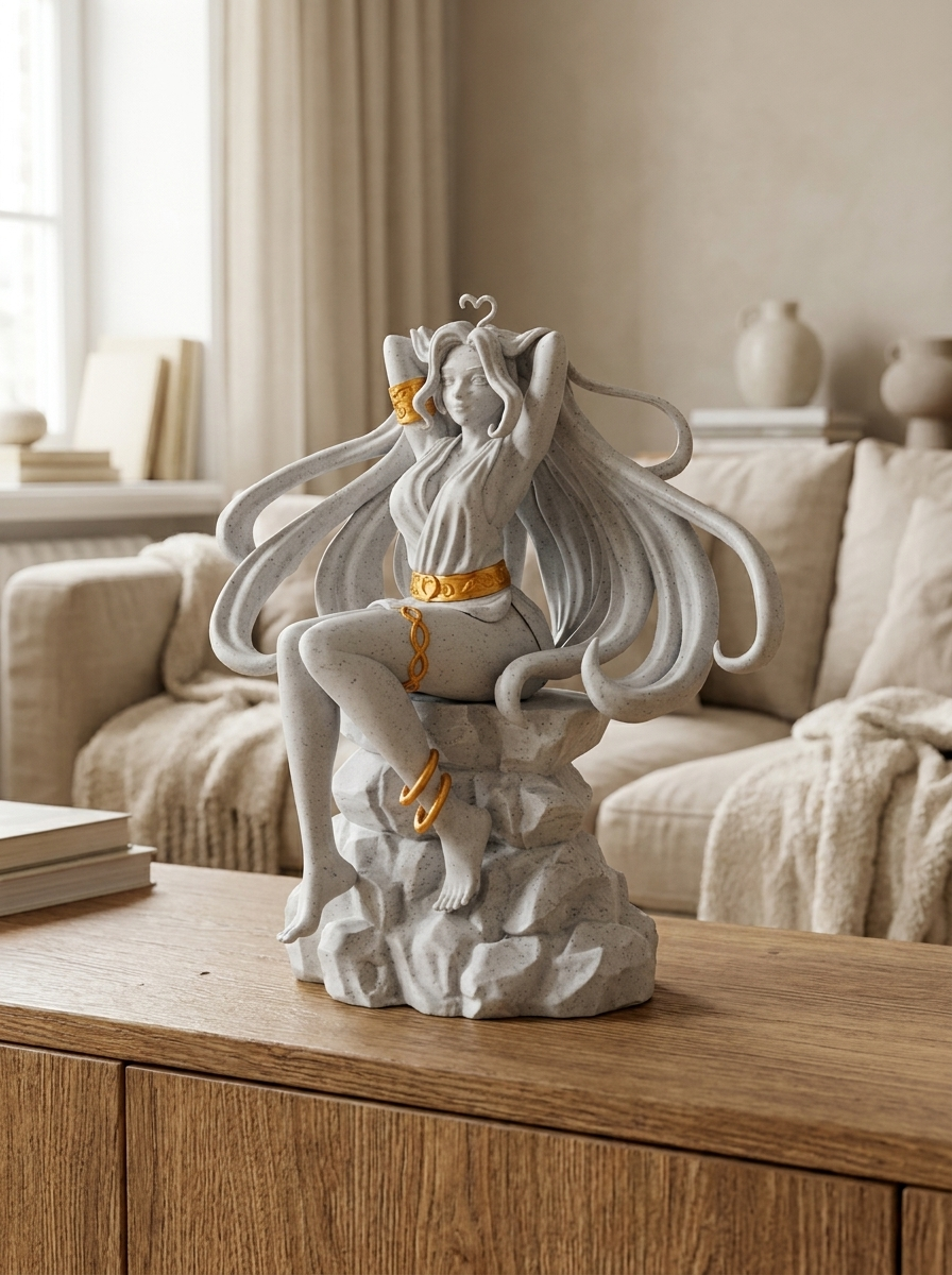Aphrodite-Statue auf Felssockel sitzend, Hände im Haar, Frontalansicht, auf Holzkommode mit Vasen und Büchern im Hintergrund