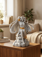Aphrodite-Statue Gesamtansicht, Frontalansicht mit geschlossenen Augen, auf Holzkommode mit Pflanze und Büchern im Hintergrund