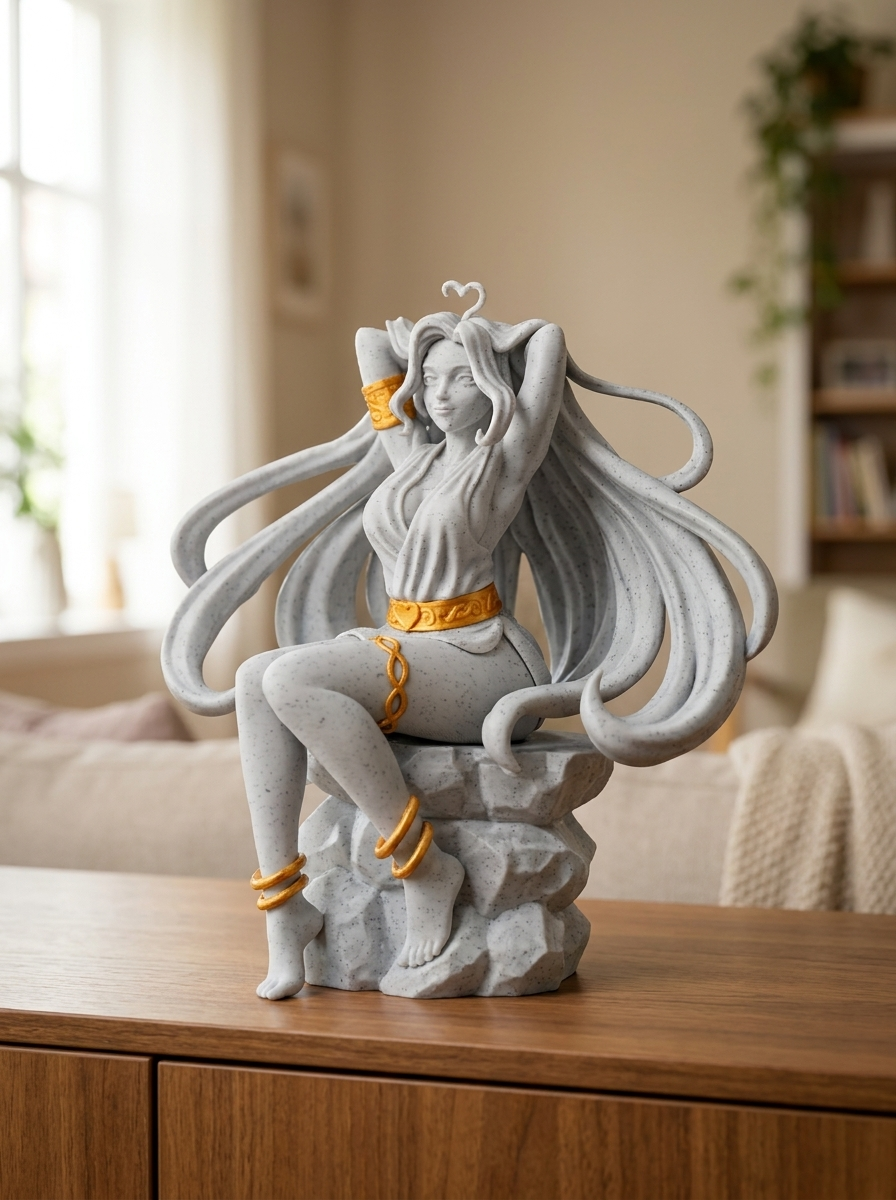 Aphrodite-Statue Gesamtansicht, Frontalansicht mit geöffneten Augen und sanftem Lächeln, beide goldene Fußreifen sichtbar, auf Holzkommode mit Bücherregal im Hintergrund