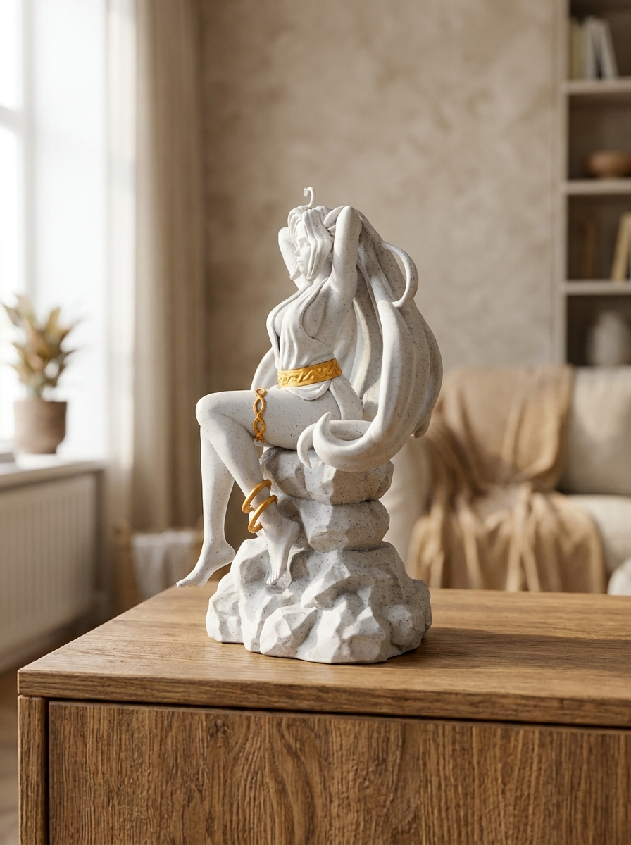 Aphrodite-Statue seitliche Ansicht mit Gesicht im Profil, Haar fällt seitlich herab, auf Holzkommode mit Bücherregal im Hintergrund