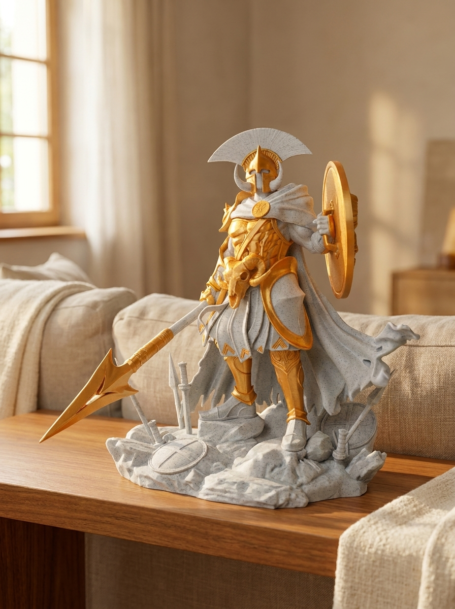 Ares-Statue Frontalansicht mit Speer und Rückseite des Rundschildes (glatt, kein Widder-Relief sichtbar), Widderschädel am Gürtel, auf Holzkommode zwischen Sofas