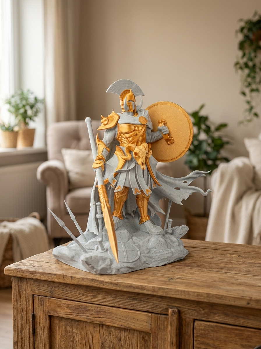 Ares-Statue Frontalansicht mit Speer und Rundschild-Rückseite, auf rustikaler Holzkommode mit Pflanzen im Hintergrund