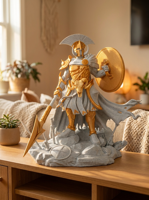 Ares-Statue Frontalansicht mit Gesicht unter Helm, glatter Rundschild-Rückseite mit Griff (kein Widder-Relief sichtbar) und Speer, auf Felssockel mit zerbrochenen Schwertern und kleinem Schild, auf Holzkommode mit Pflanzen im Hintergrund