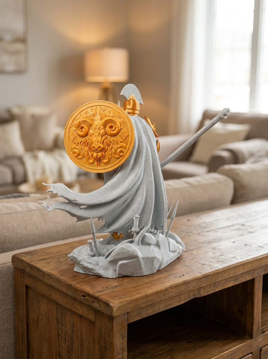 Ares-Statue Rückansicht mit wehendem Umhang und goldenem Widder-Schild, auf rustikalem Holztisch mit Lampe im Hintergrund