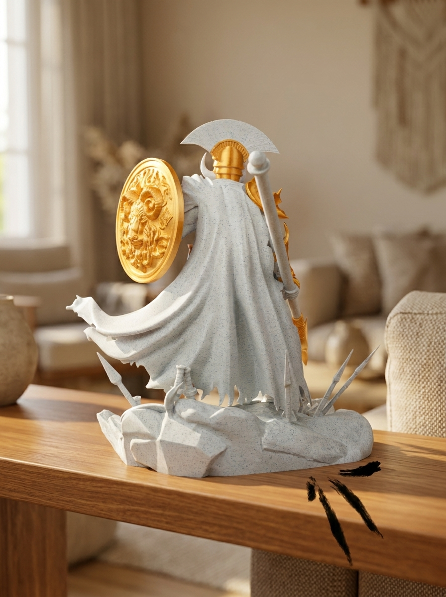 Ares-Statue Rückansicht: Körper komplett vom wehenden Umhang verdeckt, nur goldener Rundschild mit Widder-Relief und Speerspitze sichtbar, auf Holzkonsole mit Sofa im Hintergrund