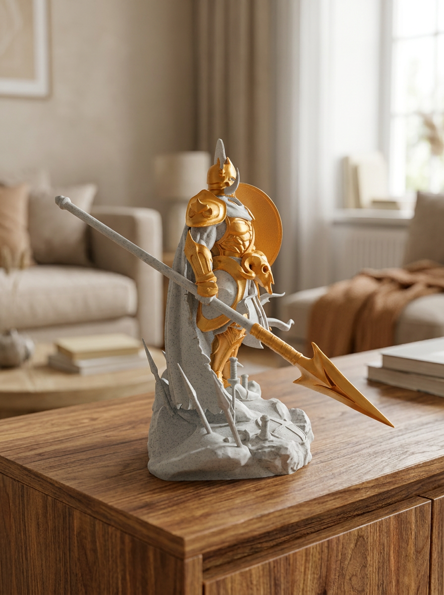Ares-Statue seitliche Ansicht mit ausgestrecktem Speer: Rüstung hier deutlich stärker golden eingefärbt als in anderen Fotos (nicht nur Akzente), auf Holzkommode mit Sofa und Büchern im Hintergrund