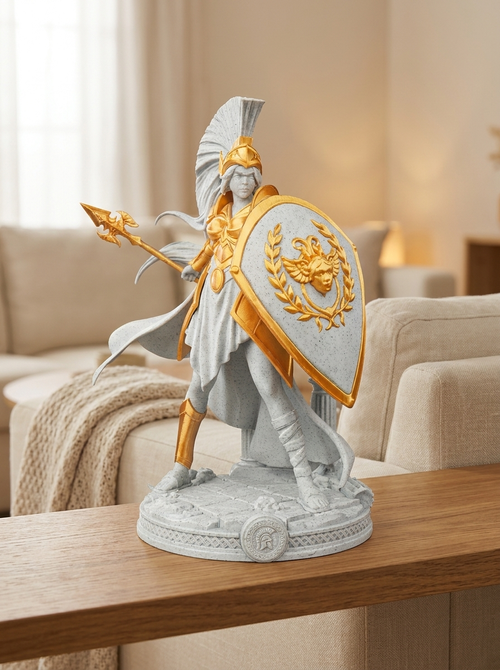 Athena-Statue Frontalansicht mit Speer und Schild (Medusa-Emblem), auf Holzkonsole mit Sofa im Hintergrund