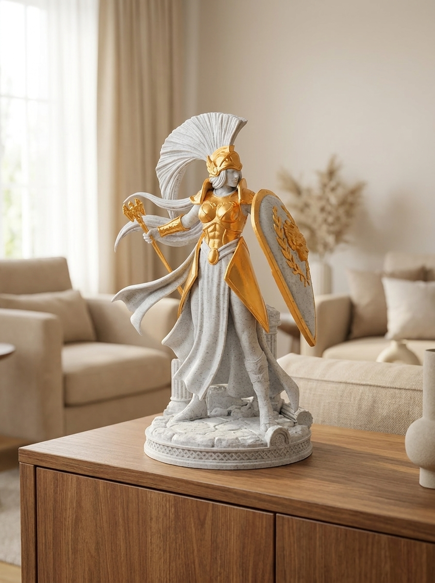 Athena-Statue Gesamtansicht, gespiegelte Pose (Schild rechts): Rüstung und Rock hier deutlich stärker golden eingefärbt als in den anderen Fotos (nicht nur Akzente), auf Holzkommode mit Sofa im Hintergrund