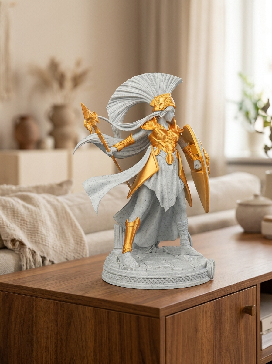 Athena-Statue seitliche Ansicht mit Schildkante, Speer in erhobener Hand, auf Holzkommode mit Sofa im Hintergrund