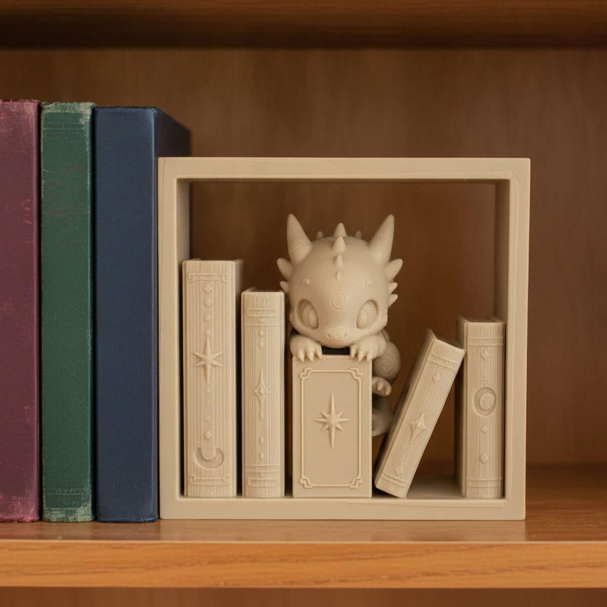 Baby-Drache Book-Nook-Buchstütze, sandfarbener 3D-Druck, zwischen echten Fantasy-Büchern in einem Holzregal, Frontalansicht