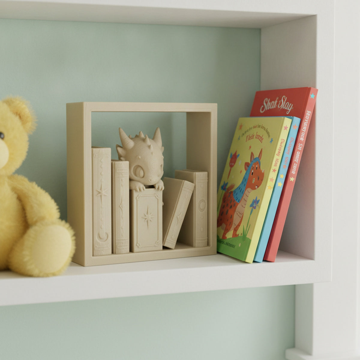 Baby-Drache Buchstütze mit 5 Mini-Büchern, sandfarben, auf weißem Wandregal im Kinderzimmer neben Teddybär und Bilderbüchern