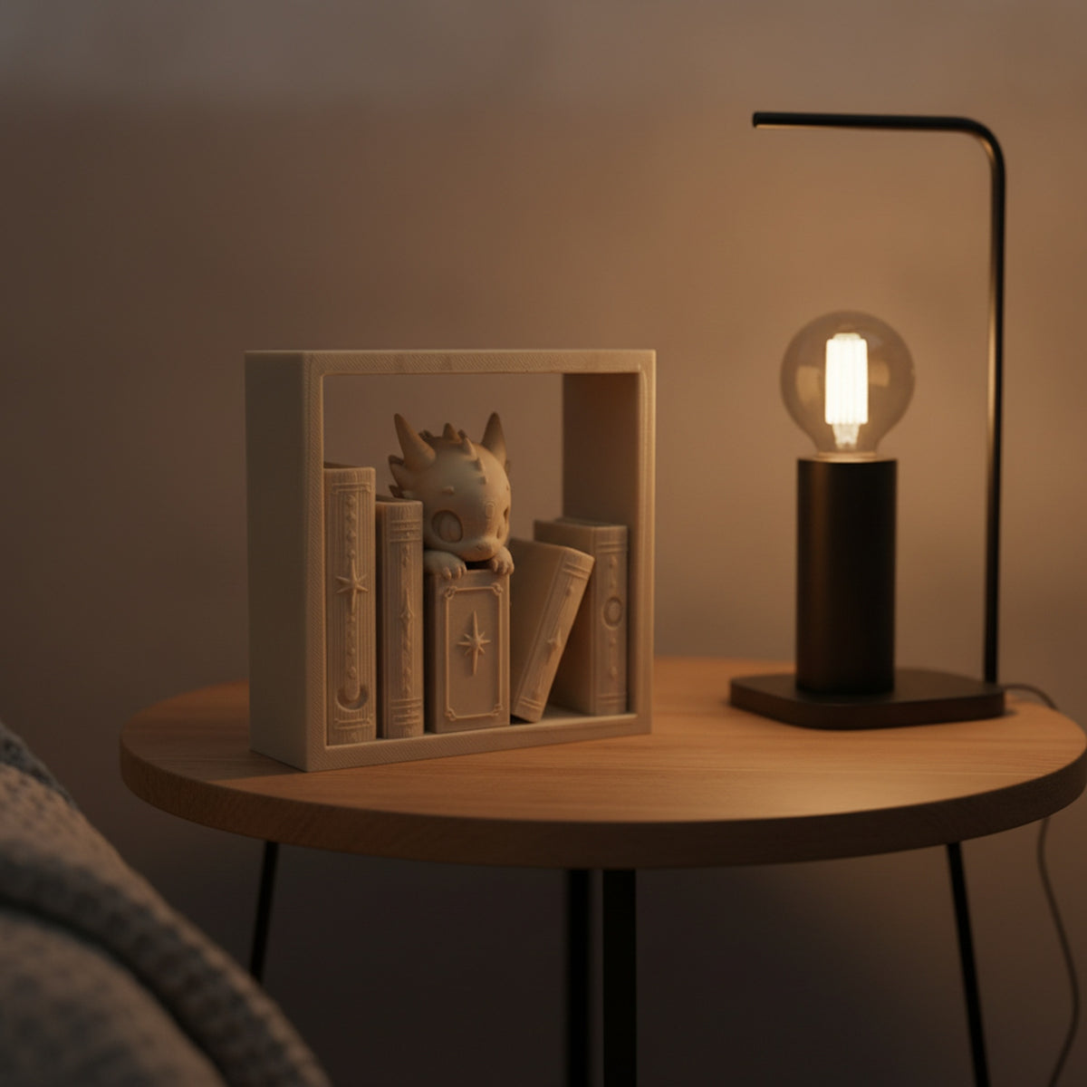 Sandfarbene Baby-Drache Buchstütze mit Mini-Büchern auf rundem Nachttisch neben warm leuchtender LED-Lampe