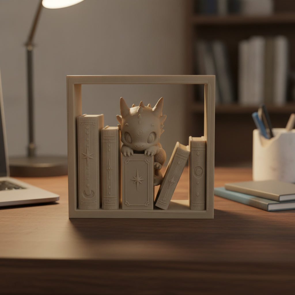 Baby-Drache Book-Nook-Diorama aus PLA auf dunklem Schreibtisch mit Schreibtischlampe und Notizbüchern im Hintergrund