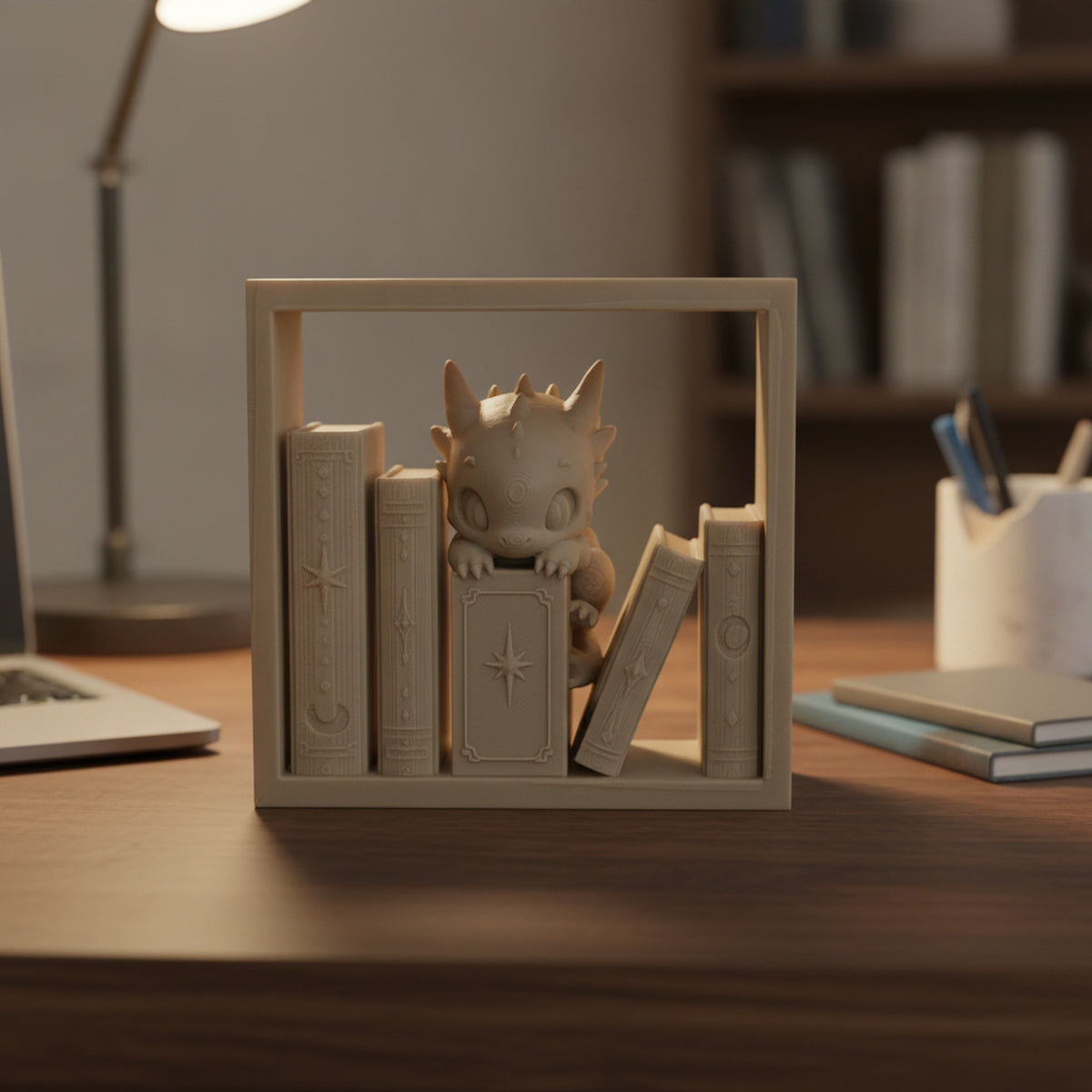 Baby-Drache Book-Nook-Diorama aus PLA auf dunklem Schreibtisch mit Schreibtischlampe und Notizbüchern im Hintergrund