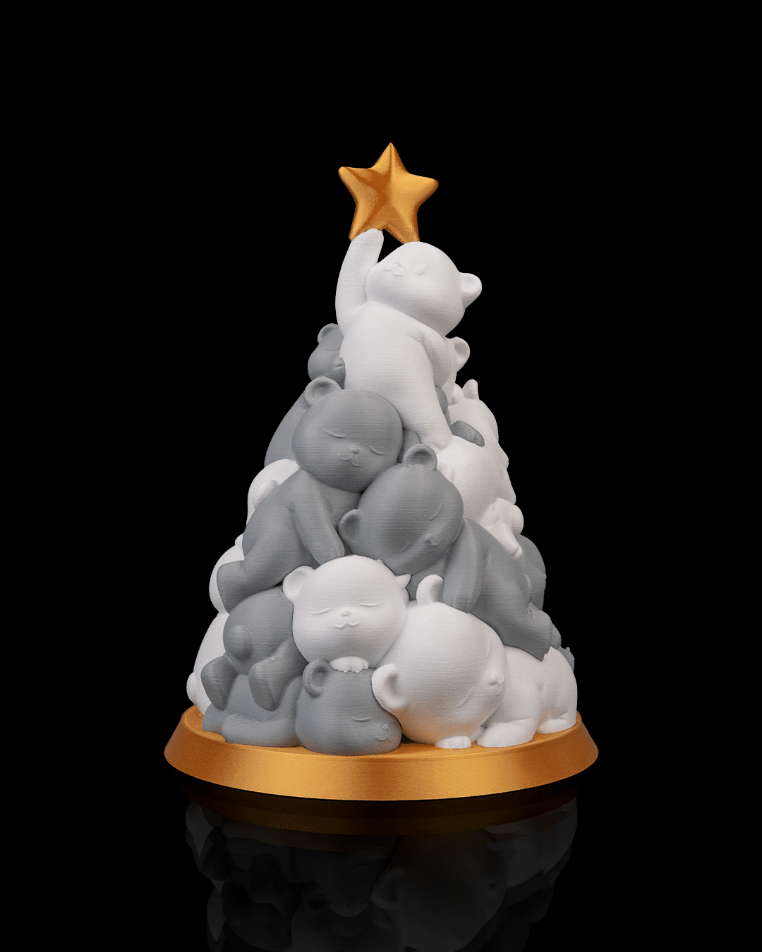 Beary Christmas Bären-Weihnachtsbaum mit goldenem Stern, gestapelte schlafende Bären in Grau und Weiß, goldener Sockel, 19 cm – Münch3D