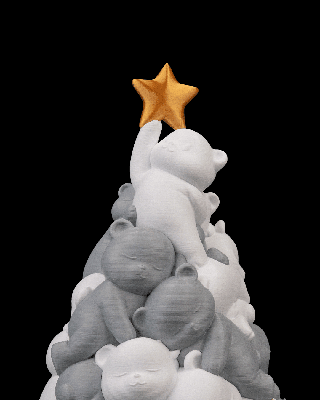 Beary Christmas Bären-Weihnachtsbaum, Nahaufnahme oberer Bär greift nach goldenem Stern – Münch3D