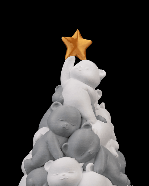Beary Christmas Bären-Weihnachtsbaum, Nahaufnahme oberer Bär greift nach goldenem Stern – Münch3D