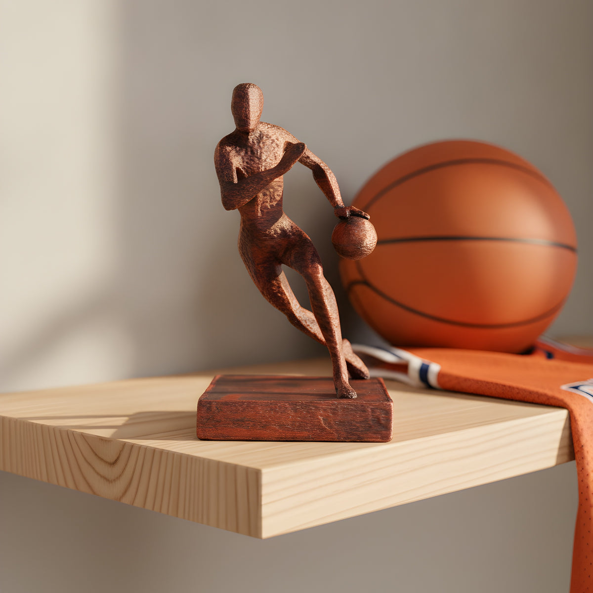 Basketball-Statue in Kupfer-Bronze-Optik auf hellem Holzregal im Home-Gym, Dribbel-Pose, unscharfer Hintergrund mit Basketball und orangem Trikot im warmen Tageslicht – Münch3D