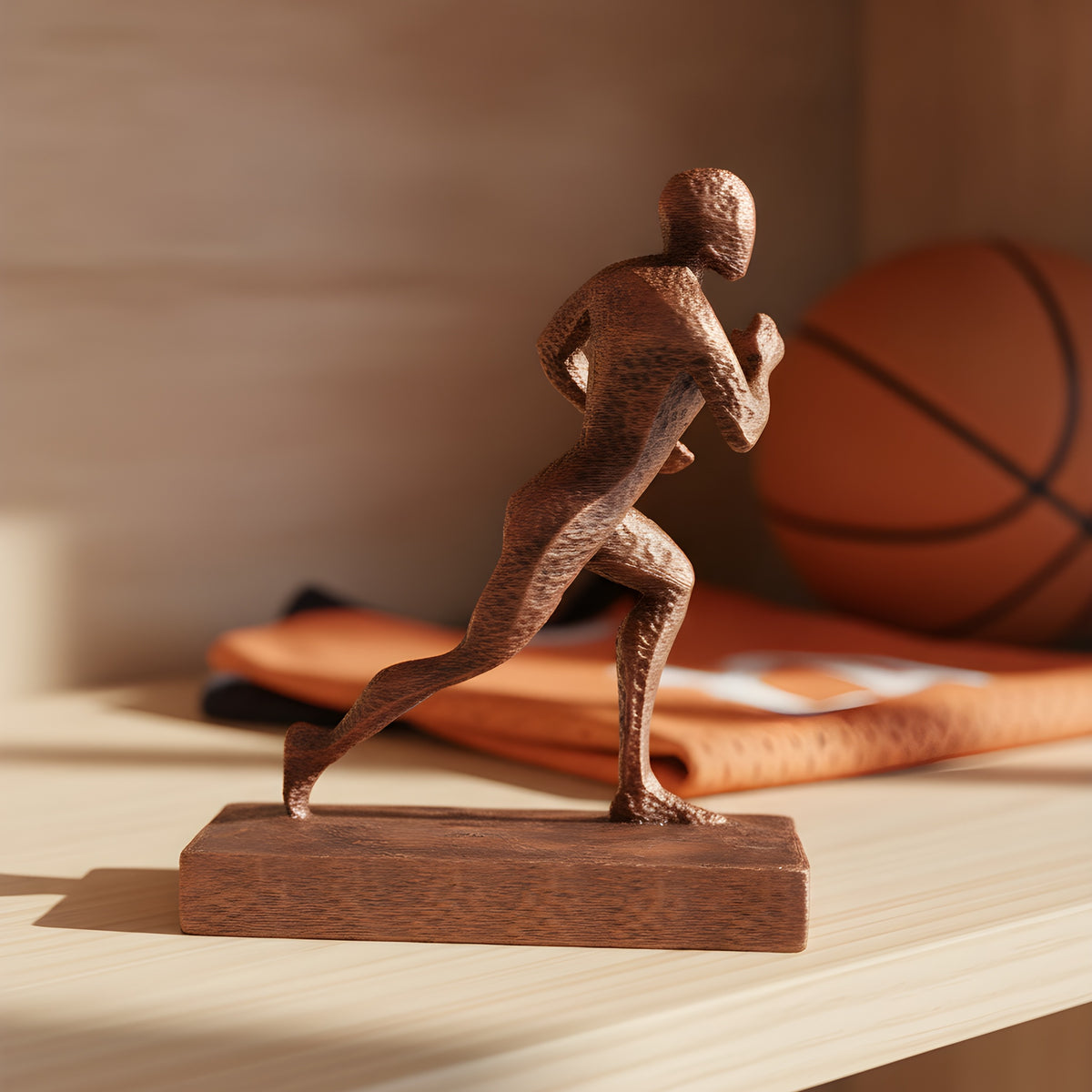 Basketball-Statue in Kupfer-Bronze-Optik auf Holzregal, Seitenansicht im Laufschritt, unscharfer Hintergrund mit Basketball und Trikot – Münch3D