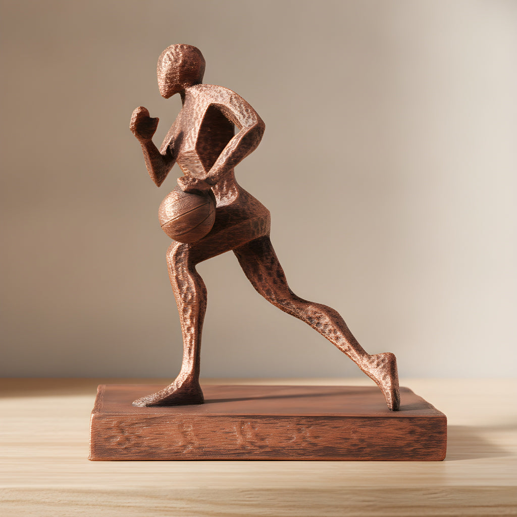 Basketball-Statue in Kupfer-Bronze-Optik, Seitenansicht der Dribbel-Pose mit Ball auf Holzoberfläche, weich unscharfer warmer Hintergrund – Münch3D