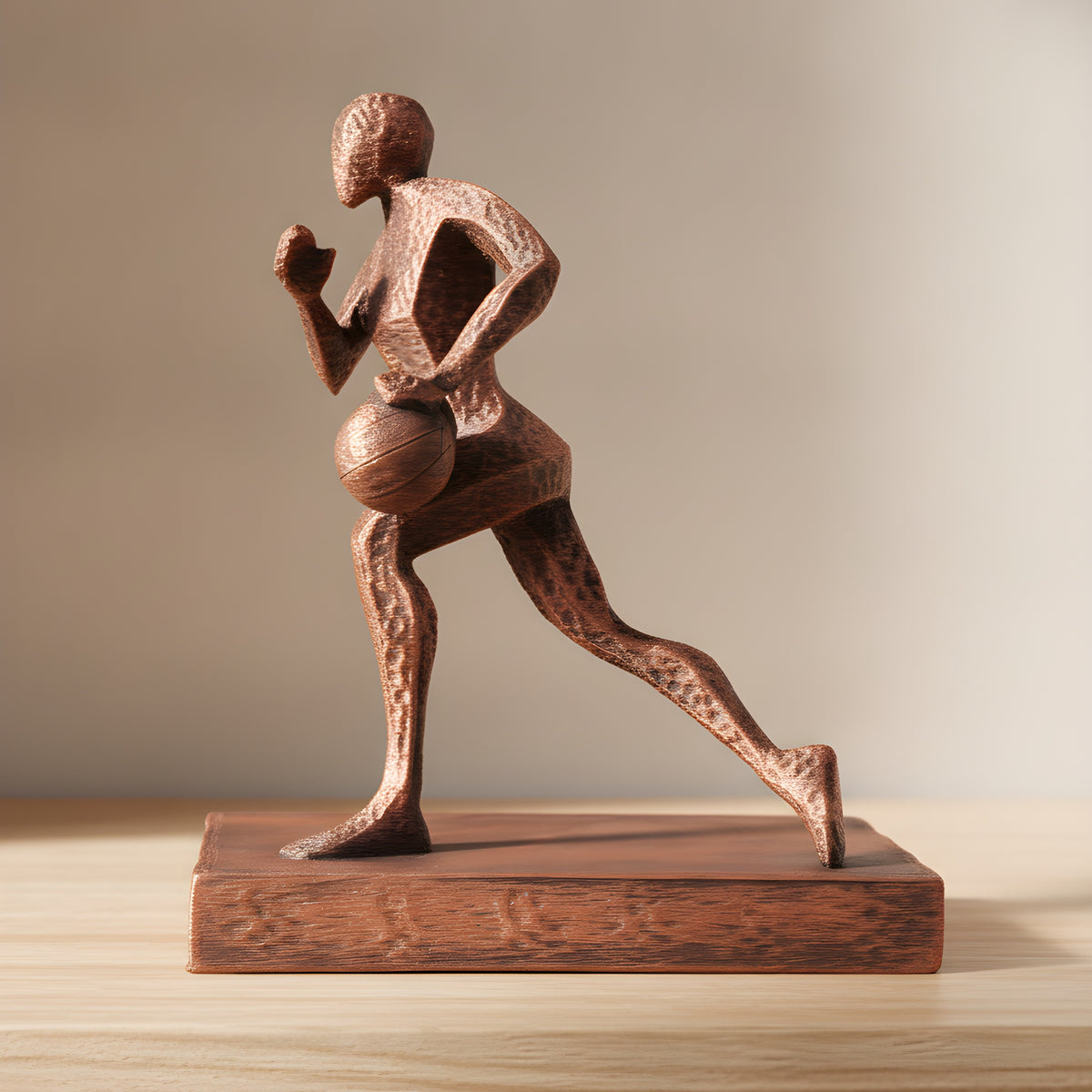 Basketball-Statue in Kupfer-Bronze-Optik, Seitenansicht der Dribbel-Pose mit Ball auf Holzoberfläche, weich unscharfer warmer Hintergrund – Münch3D