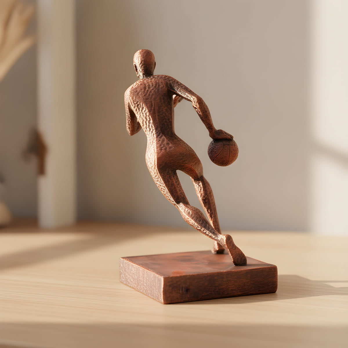Basketball-Statue in Kupfer-Bronze-Optik, Rückansicht mit Ball auf Holzoberfläche, weich unscharfer warmer Hintergrund – Münch3D