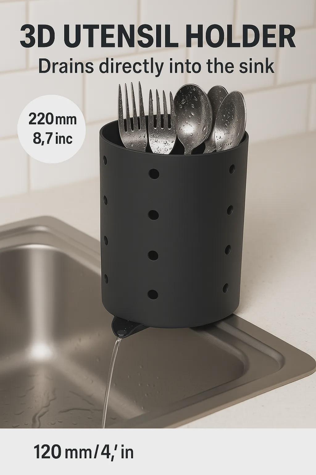 Marketing-Grafik mit Maßangaben – schwarzer Besteckhalter mit Gabeln und Löffeln gefüllt, Höhe 220 mm und Durchmesser 120 mm beschriftet, auf Spülenrand mit Wasserablauf (englischer Werbetext im Bild)