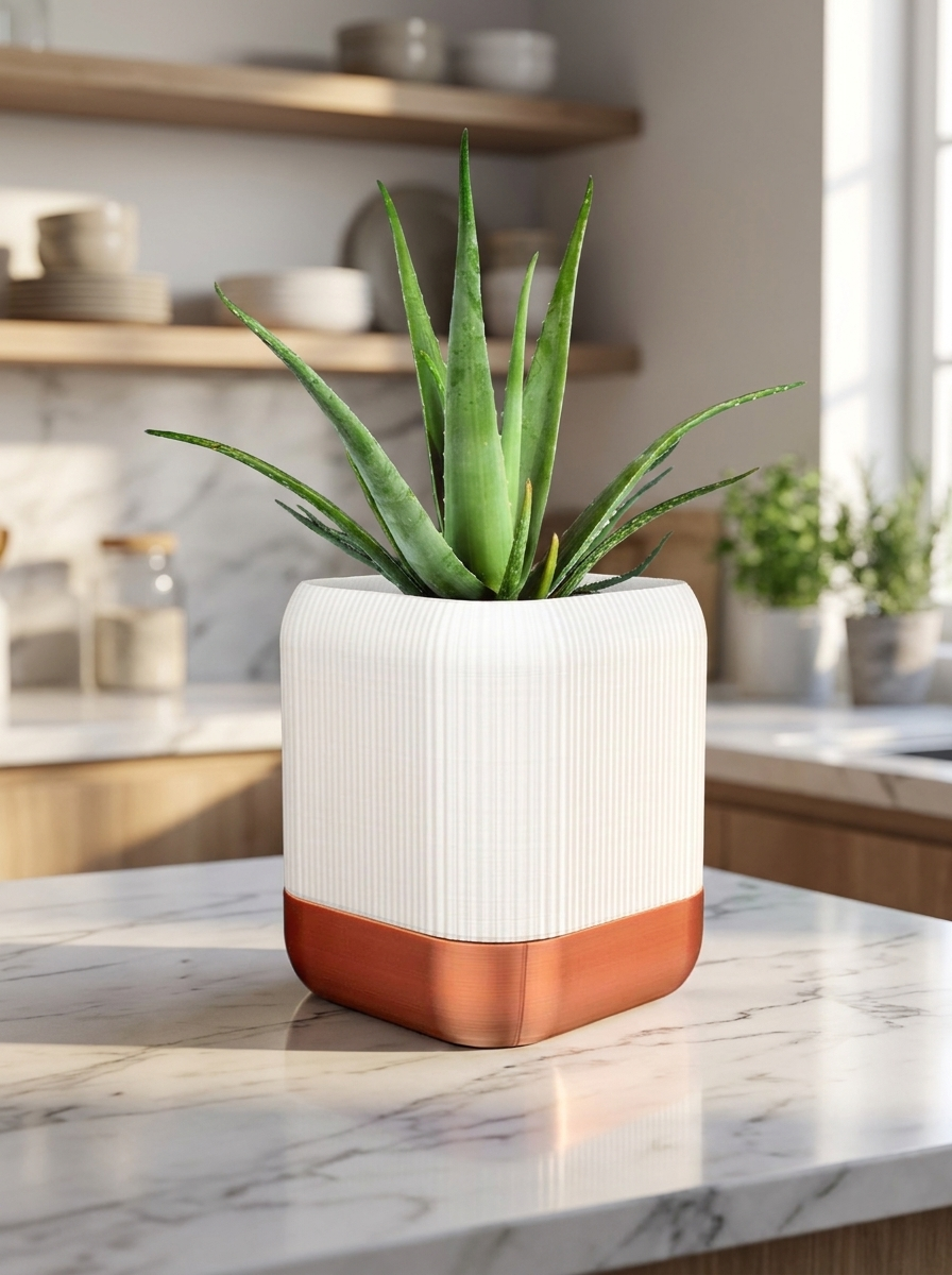 Selbstbewässernder Blumentopf Quadra weiß-kupfer mit Aloe-Pflanze, Lifestyle-Foto auf Marmor-Küchentheke mit Regal – Münch3D