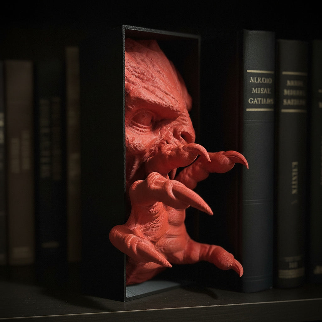 Detailaufnahme des roten Dämonenkopfs und der Klauenhand mit sichtbarer 3D-Druck-Textur, dramatisches Seitenlicht
