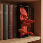 Book Nook Dämonenkopf-Buchstütze in Rot zwischen dunklen Bucheinbänden im Holzregal, Gesamtansicht mit ausgestreckten Klauen