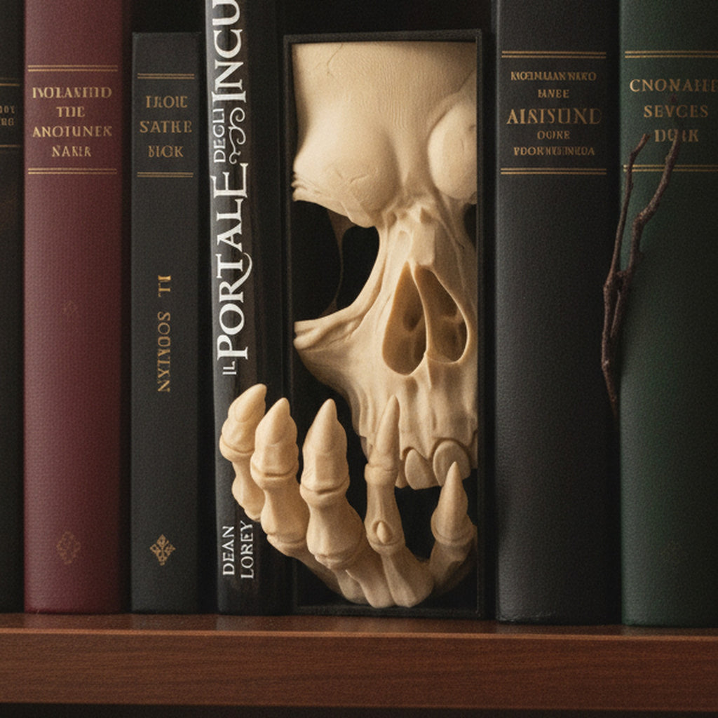 Book Nook Totenkopf mit Skeletthand in schwarzer Box, eingebettet zwischen dunklen Horror-Buchrücken in einem Holzregal