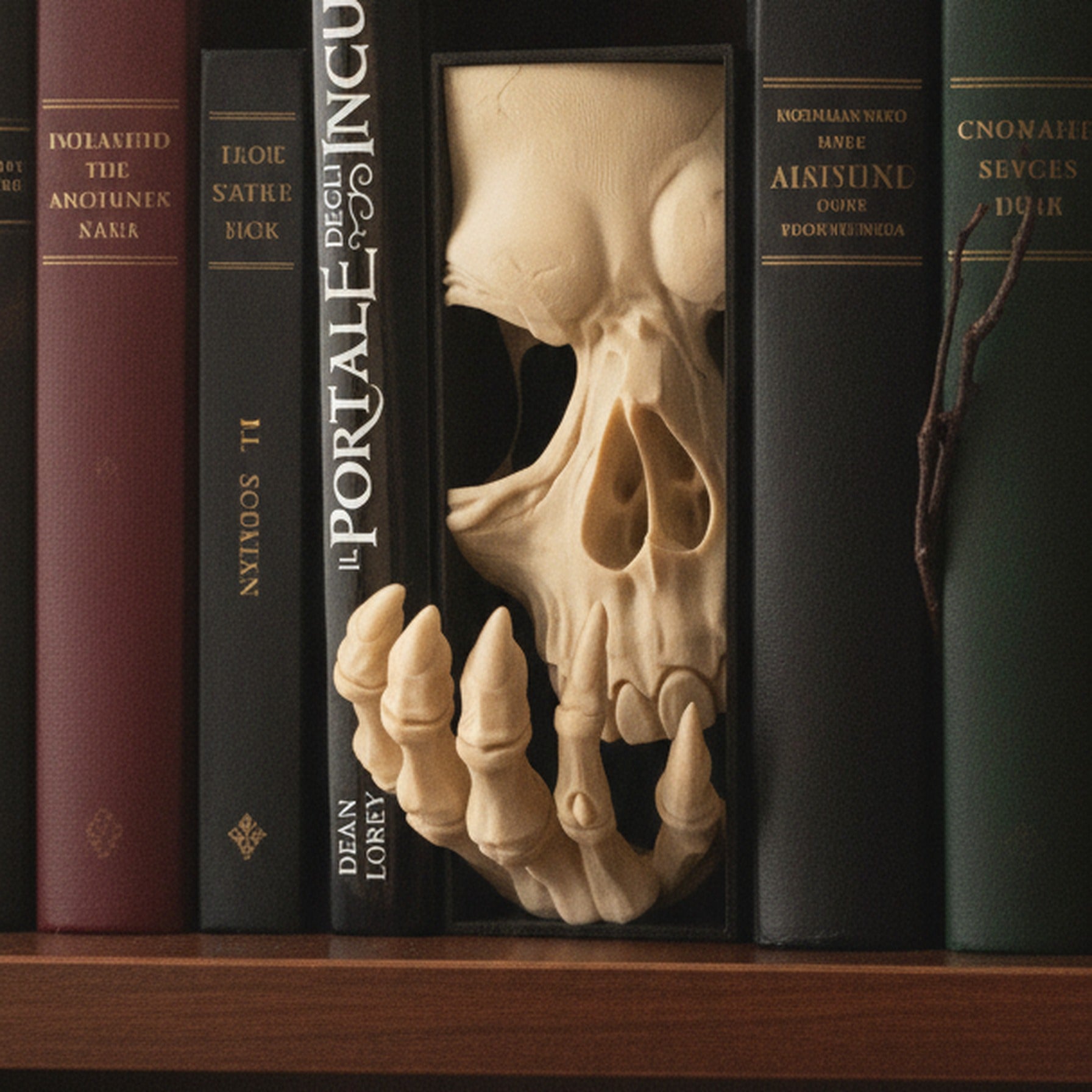 Book Nook Totenkopf mit Skeletthand in schwarzer Box, eingebettet zwischen dunklen Horror-Buchrücken in einem Holzregal