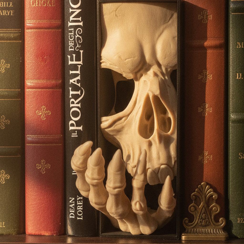 Book Nook Totenkopf mit Skeletthand zwischen ledergebundenen Dark-Academia-Büchern, warmes Licht, Bronze-Buchstütze im Hintergrund