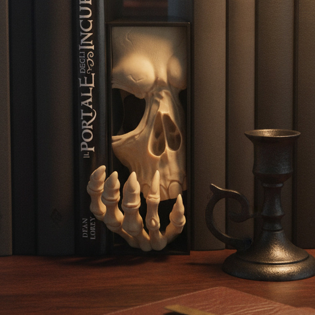 Book Nook Totenkopf mit Skeletthand auf dunklem Schreibtisch zwischen Bücherstapeln, unbeleuchteter schwarzer Kerzenständer daneben