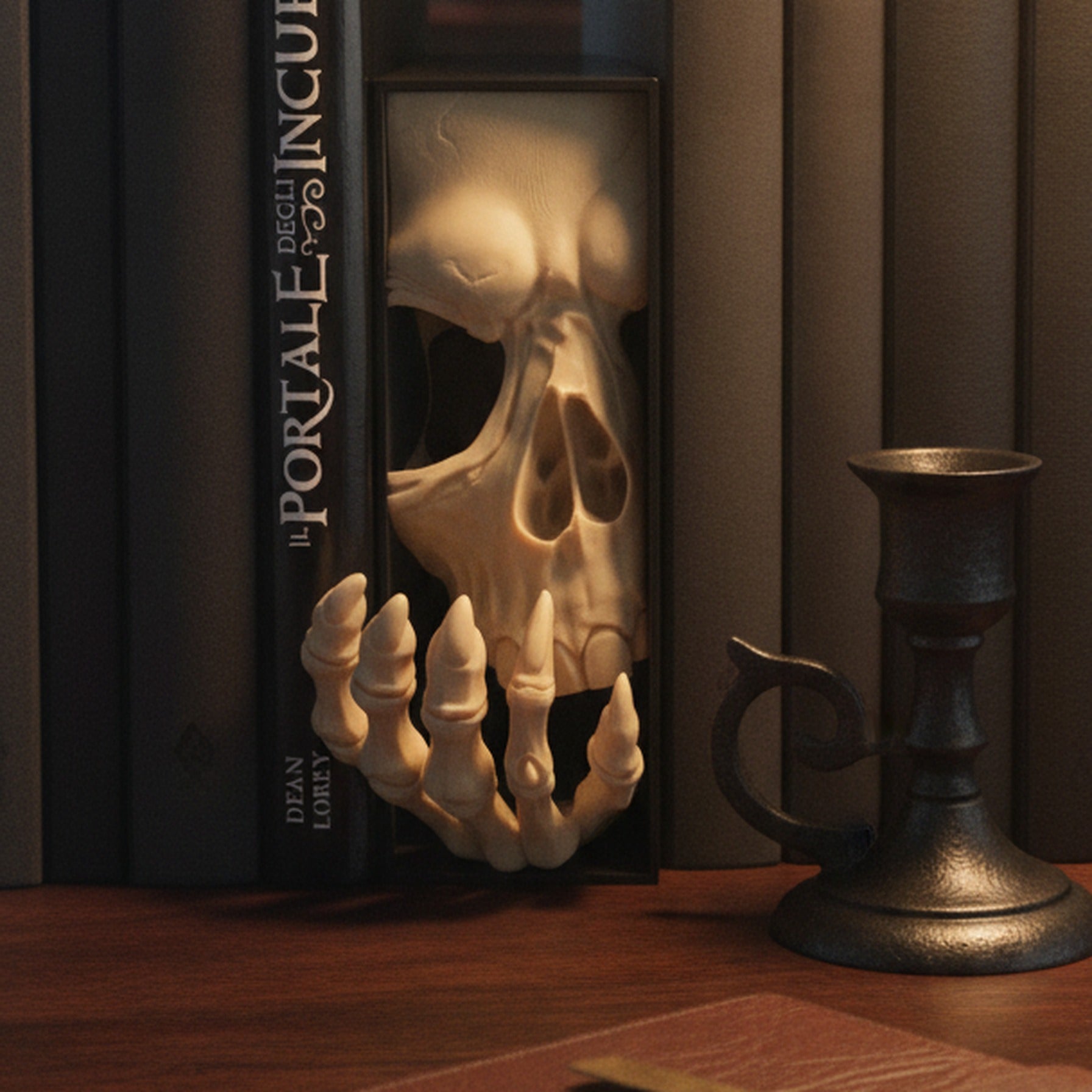 Book Nook Totenkopf mit Skeletthand auf dunklem Schreibtisch zwischen Bücherstapeln, unbeleuchteter schwarzer Kerzenständer daneben