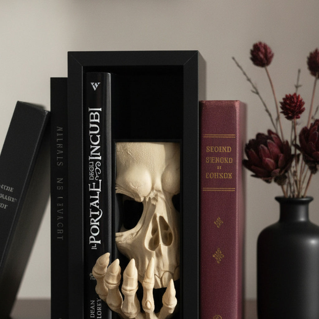 Book Nook Totenkopf mit Skeletthand auf Wohnzimmer-Sideboard zwischen Büchern, Vase mit getrockneten roten Blüten im Hintergrund