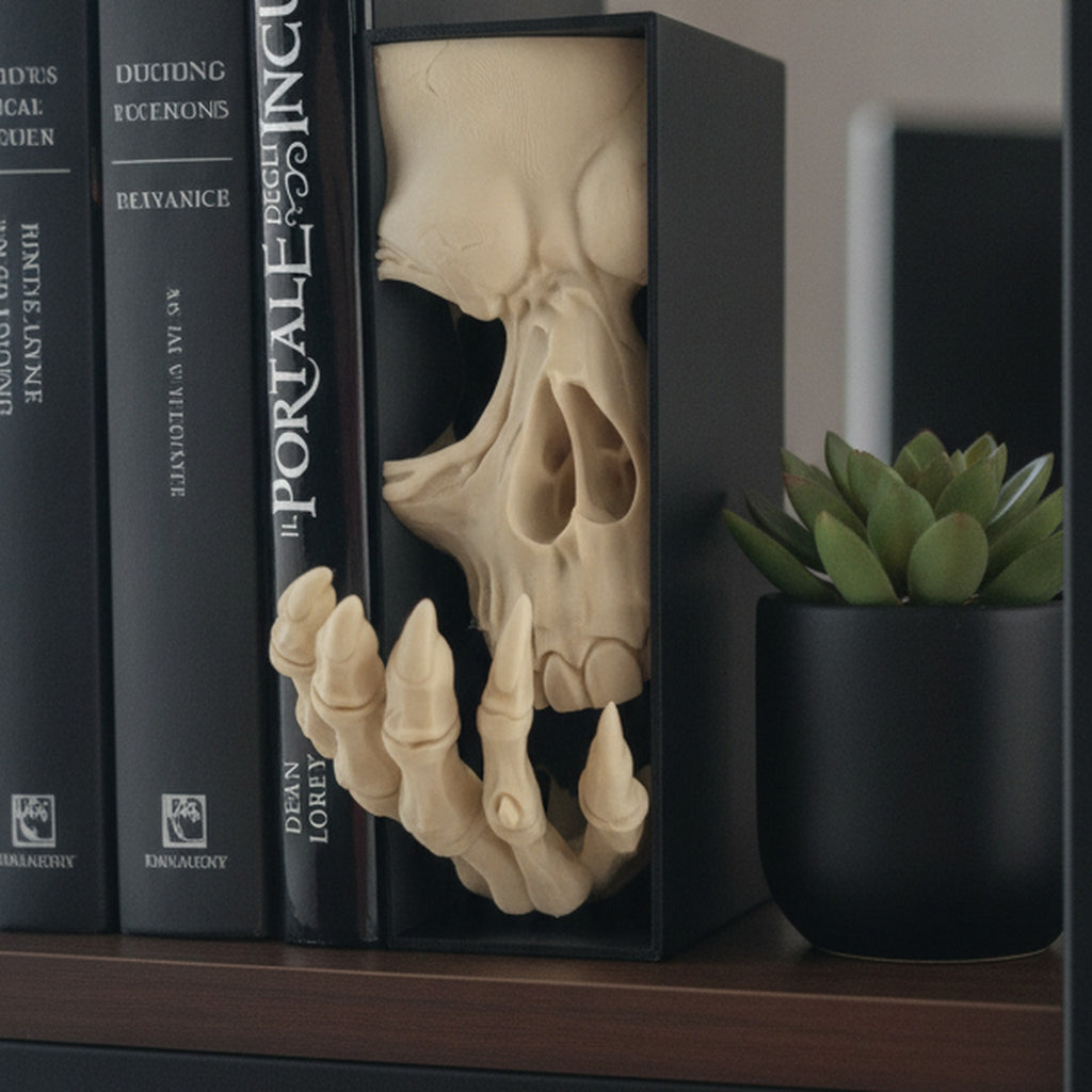 Book Nook Totenkopf mit Skeletthand auf schwarzem Regal im Homeoffice zwischen Fachbüchern, Sukkulente in schwarzem Topf daneben