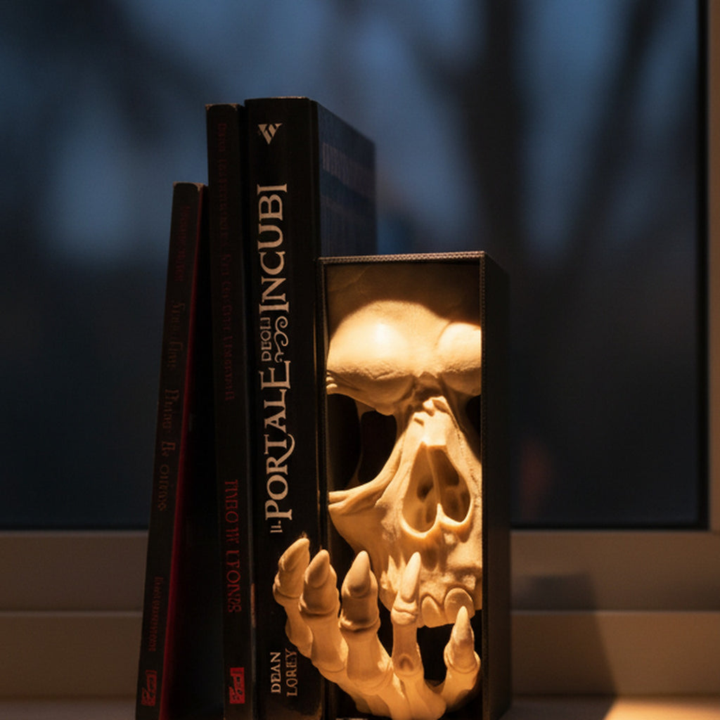 Book Nook Totenkopf mit Skeletthand auf Fensterbank-Regal in der Abenddämmerung, warmes Lampenlicht, kahle Äste hinter der Fensterscheibe