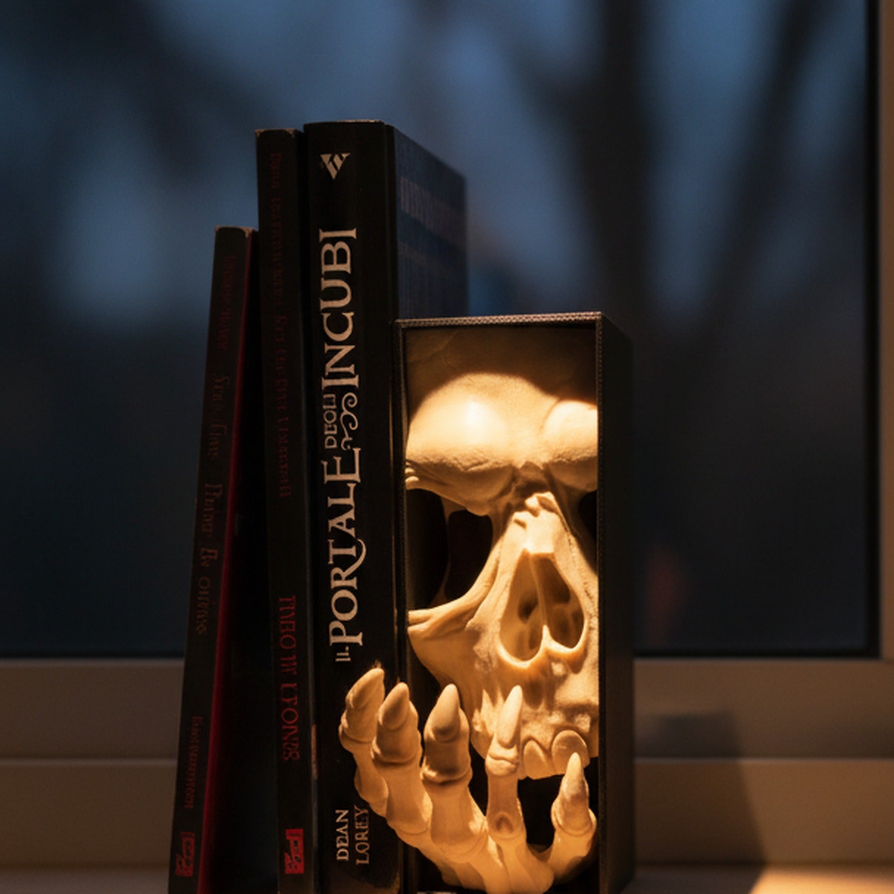 Book Nook Totenkopf mit Skeletthand auf Fensterbank-Regal in der Abenddämmerung, warmes Lampenlicht, kahle Äste hinter der Fensterscheibe