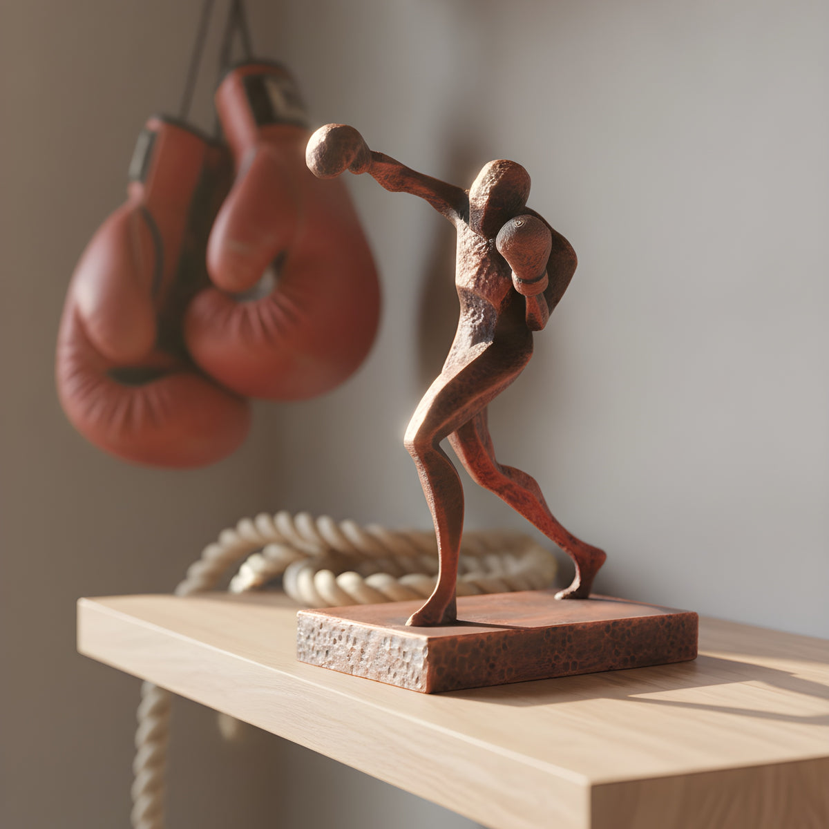 Boxer-Statue in Kupfer-Bronze-Optik auf hellem Holzregal im Home-Gym, Kampfpose mit ausgestrecktem Schlagarm, unscharfer Hintergrund mit hängenden Boxhandschuhen und Springseil im warmen Tageslicht – Münch3D