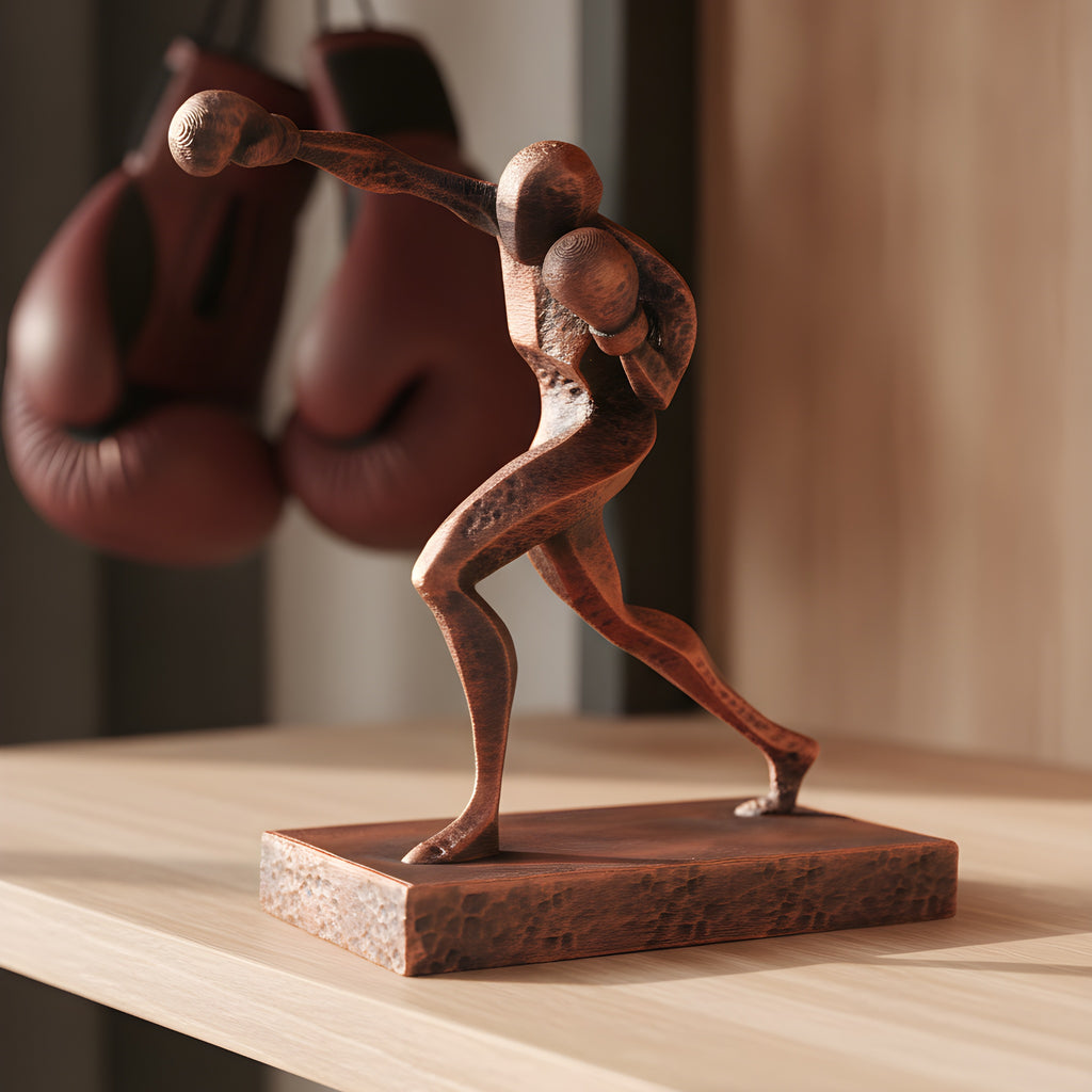 Boxer-Statue in Kupfer-Bronze-Optik auf Holzregal, frontale Kampfhaltung, unscharfer Hintergrund mit hängenden Boxhandschuhen – Münch3D